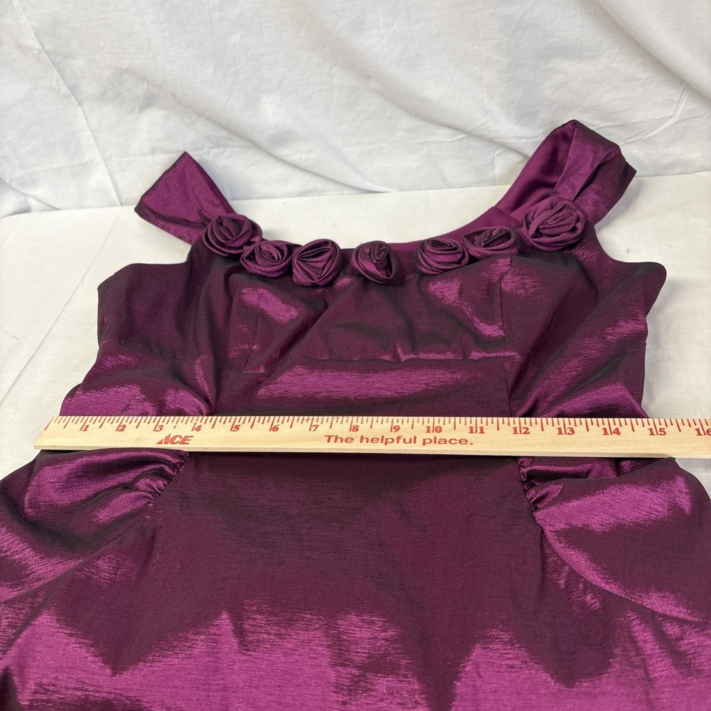 London Times Sleeveless Bodycon Dress Women Sz 14 Magenta Satin Rose Ruffle Neck - Picture 13 of 16
